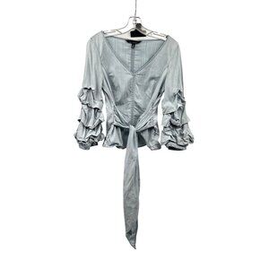 White House Black Market Light Blue Ruffle Sleeve Tie-Front Blouse